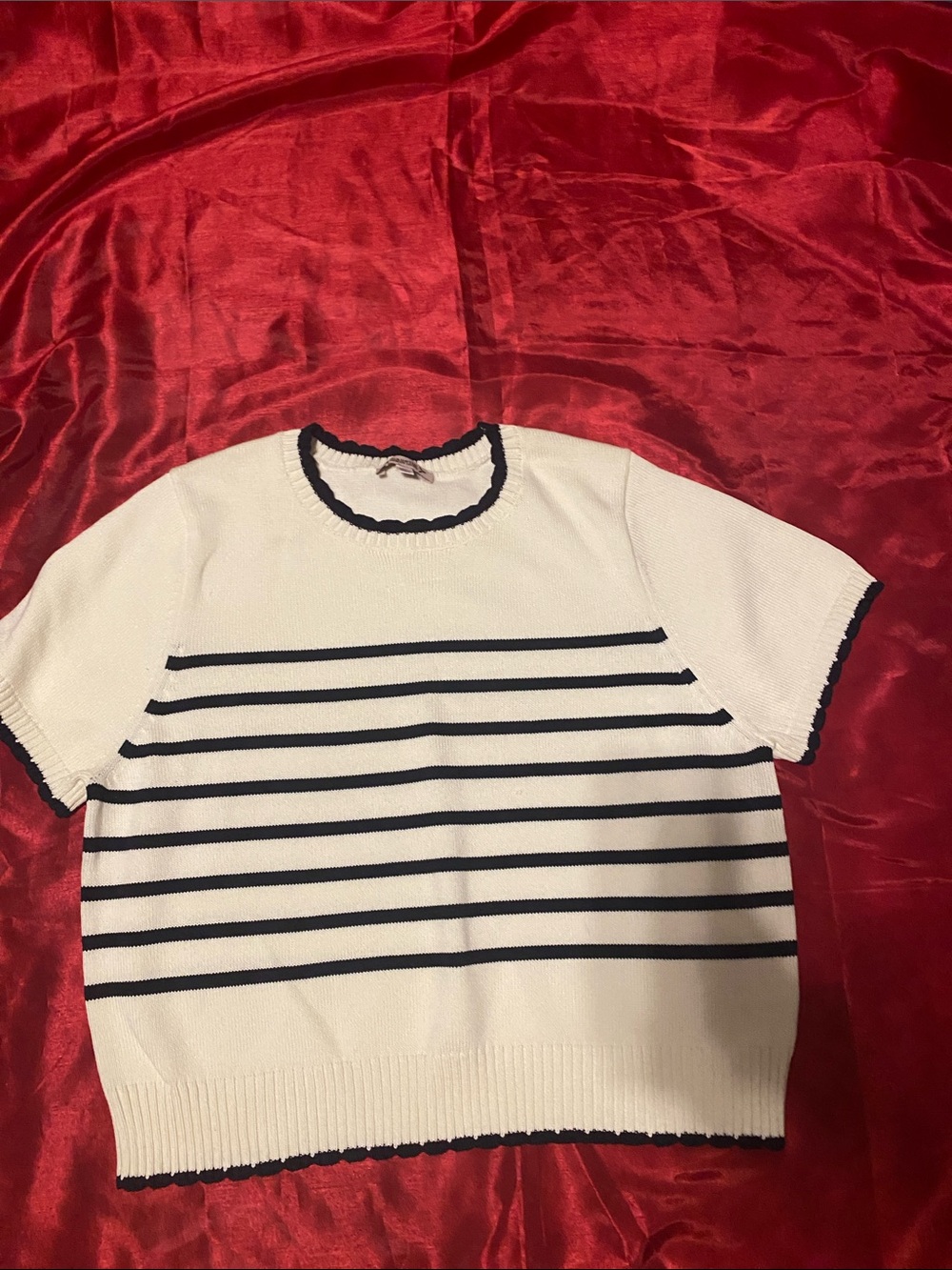 Nanette Lepore White Short-Sleeve Striped Knit Top with Black Trim